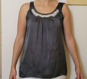 Lily lou medium silky pearl beaded sleeveless relaxed blouse pleated black dress